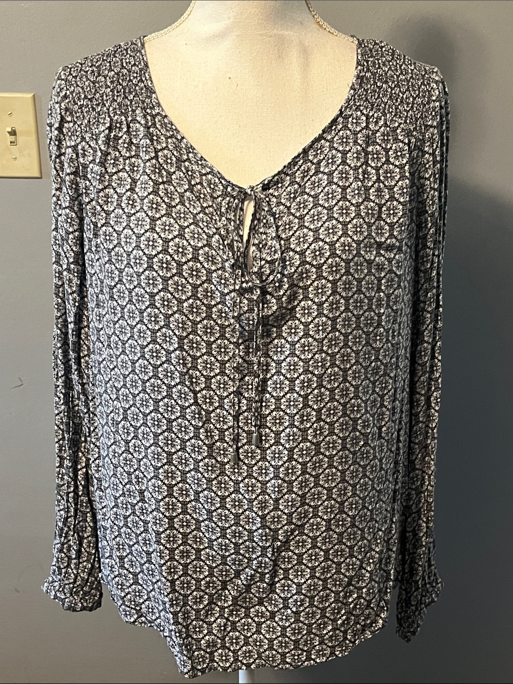 Dalia Collection Black & White Medallion Tie-Neck Blouse